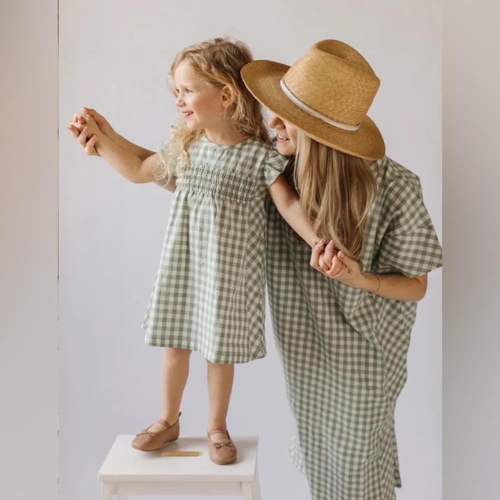 Smocked Gingham Midi Dress in Sage Green